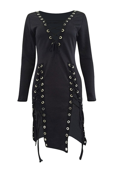 Sexy V Neck Long Sleeves Lace Up Hollow Out Black Healthy Fabric Mini Dresslw Fashion Online 9714