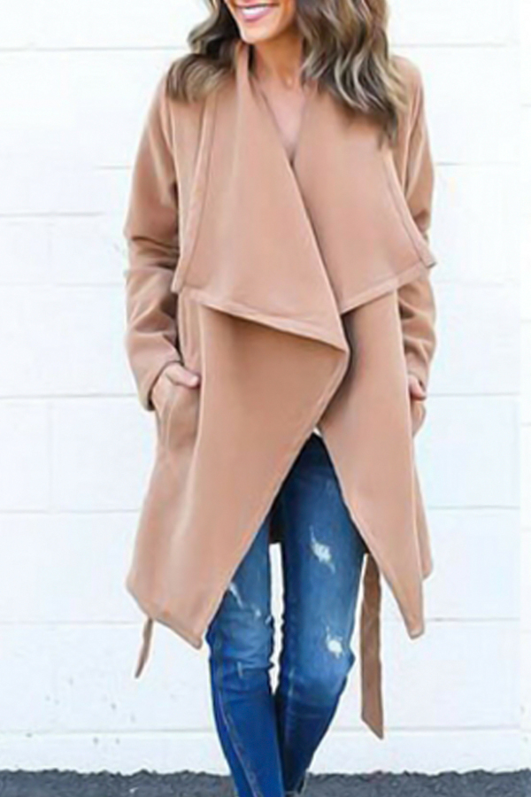 Trendy Turndown Collar Lace-up Light Tan Wool Coat