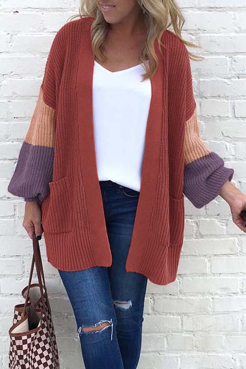 Lovely Casual Puff Sleeves Patchwork Red Sweater CardigansLW | Fashion ...
