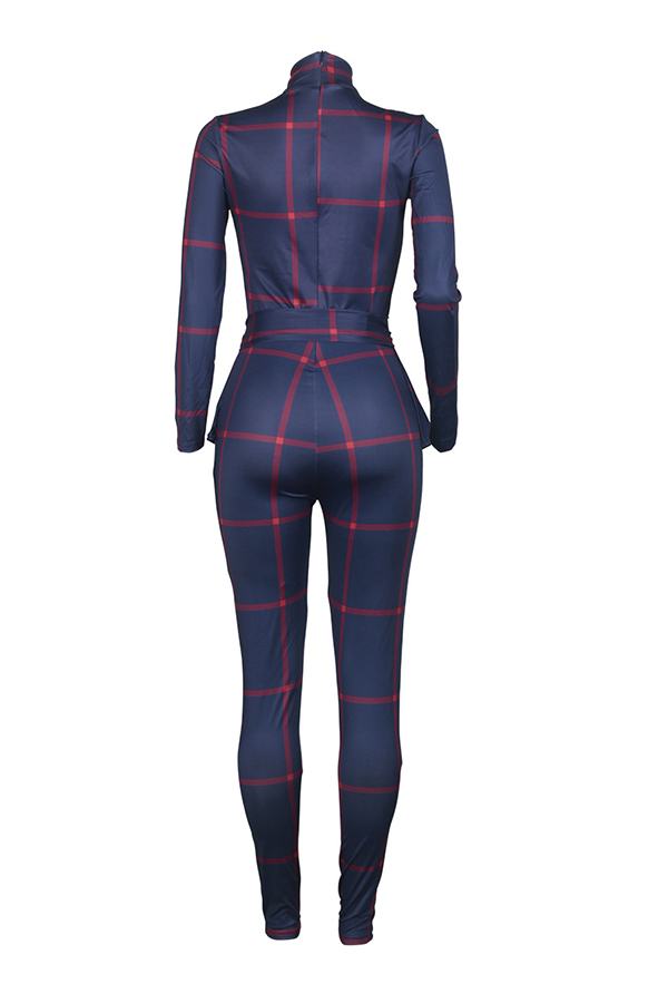 Lovely Casual Long Sleeves Plaids Deep Blue One-piece JumpsuitLW ...