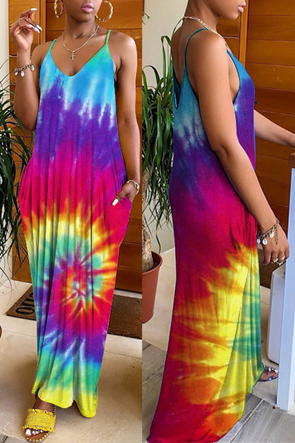 Lovely Casual V Neck Tie-dye Red Ankle Length Dress(With Elastic)LW ...
