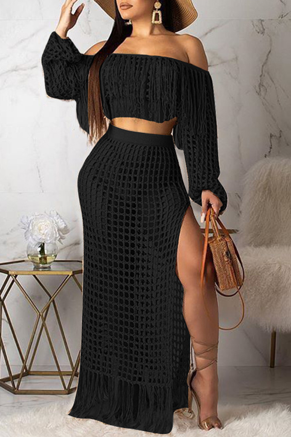 Lovely Sexy Hollow-out Tassel Design Black Two-piece Skirt Set(Without ...