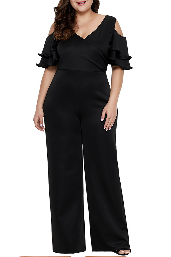 Lovely Stylish V Neck Hollow-out Black Plus Size One-piece JumpsuitLW ...