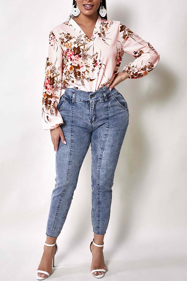 Lovely Leisure V Neck Print Pink BlouseLW | Fashion Online For Women | Affordable Women's 