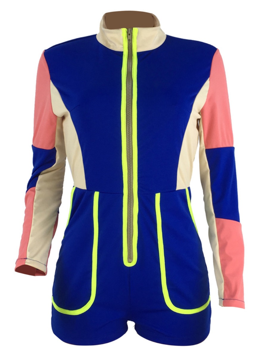 lovely Sportswear Zipper Design Patchwork Blue Onepiece RomperLW