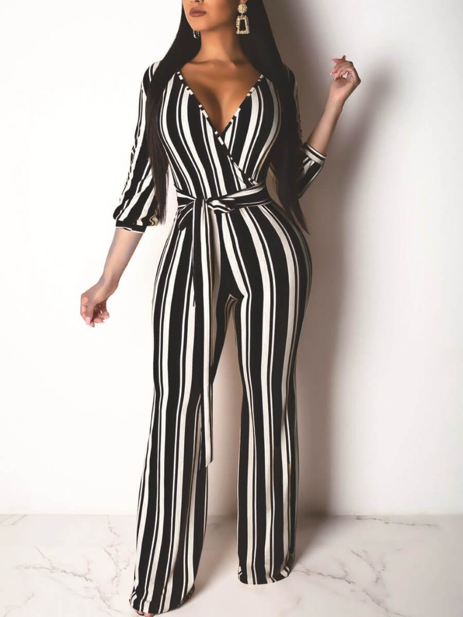 Lovely Trendy Deep V Neck Striped Black One-piece JumpsuitLW | Fashion ...