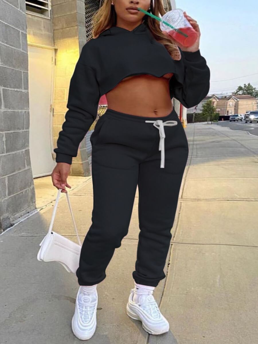 Lovely Casual Hooded Collar Crop Top Black Two Piece Pants SetLW ...