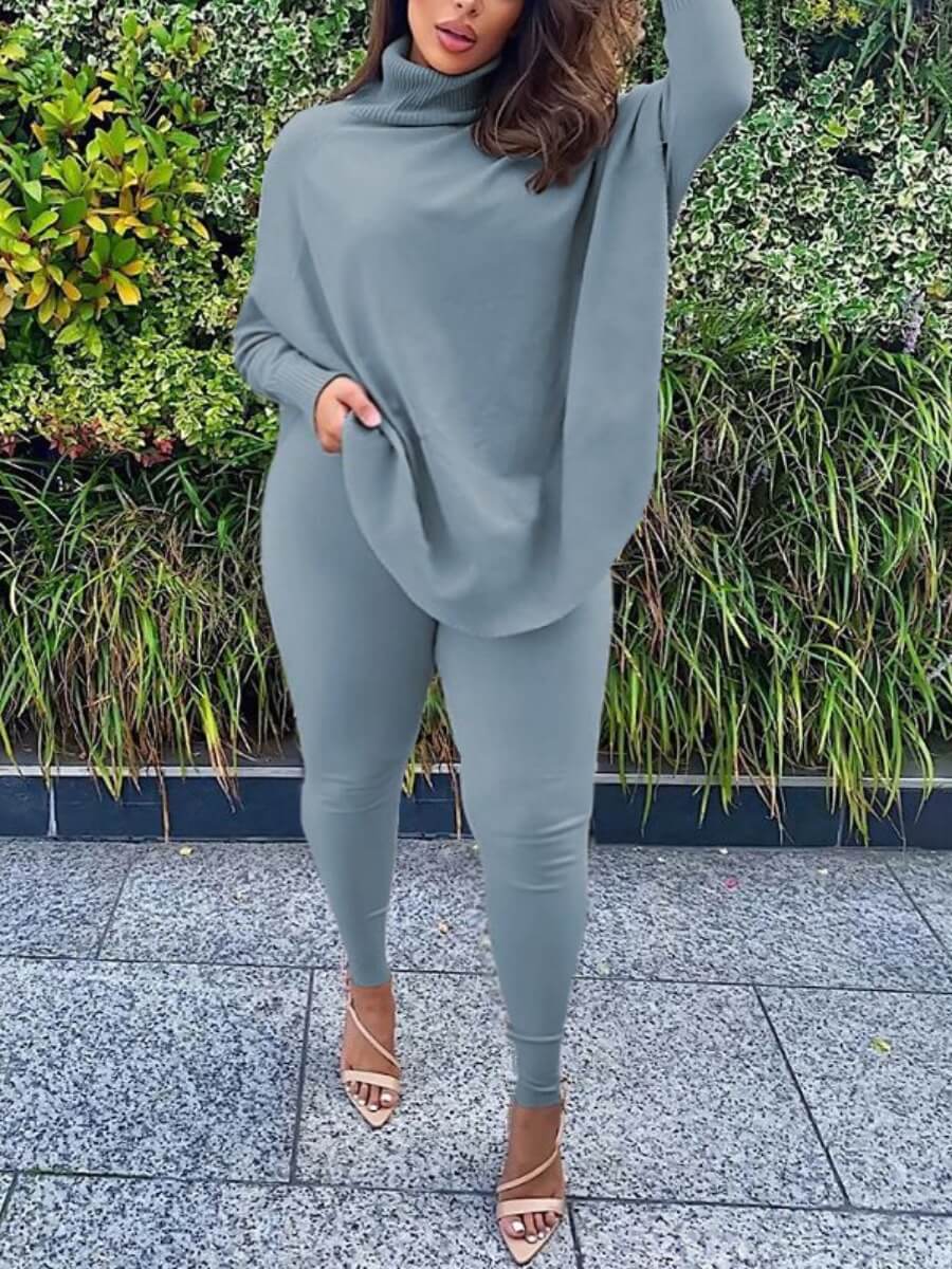 Lovely Casual Turtleneck Loose Grey Plus Size Twopiece Pants SetLW