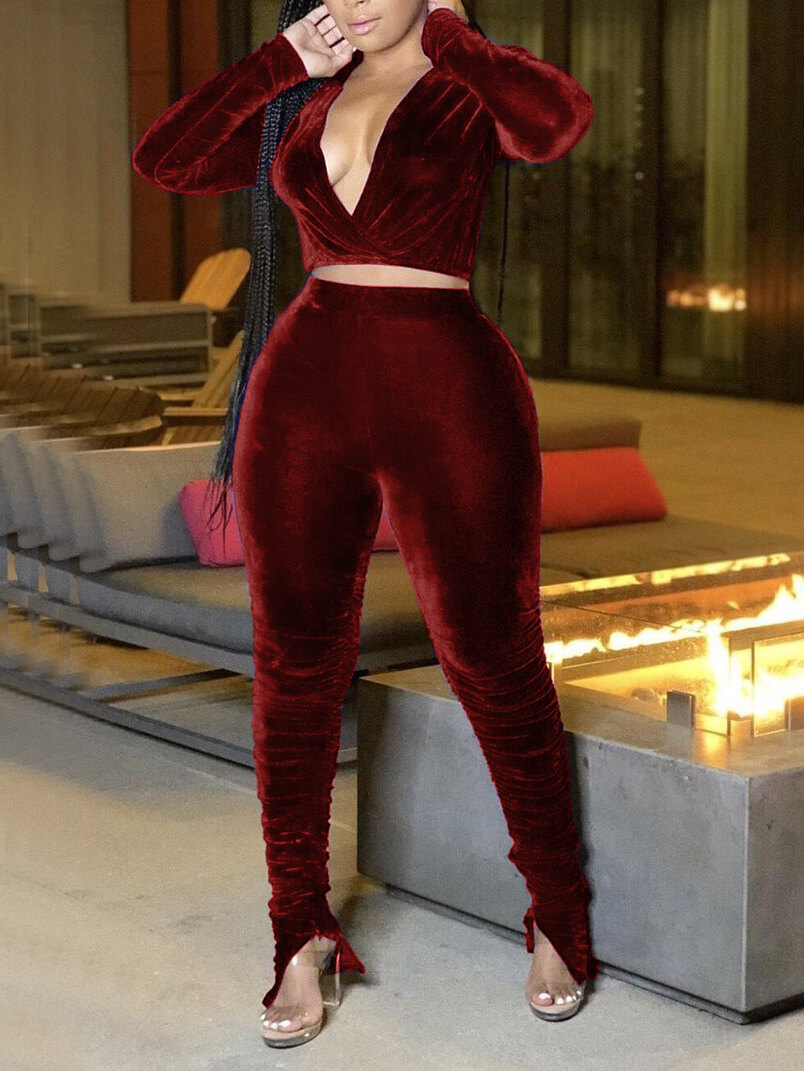 Lovely Sexy Deep V Neck Wine Red Velvet Two Piece Pants Setlw Fashion 