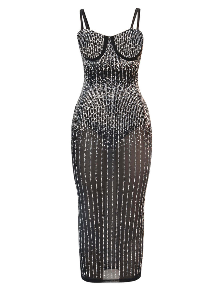 Lovely Sexy Sequined See-through Black Mid Calf Evening DressLW ...