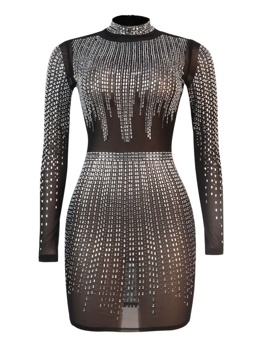 Lovely Sexy Turtleneck Sequined See-through Black Mini Evening DressLW ...