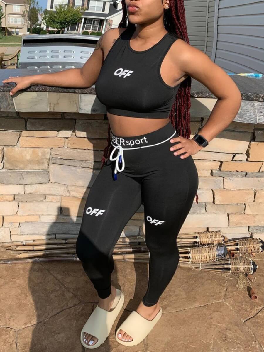 figure and letter print drawstring waist joggers
