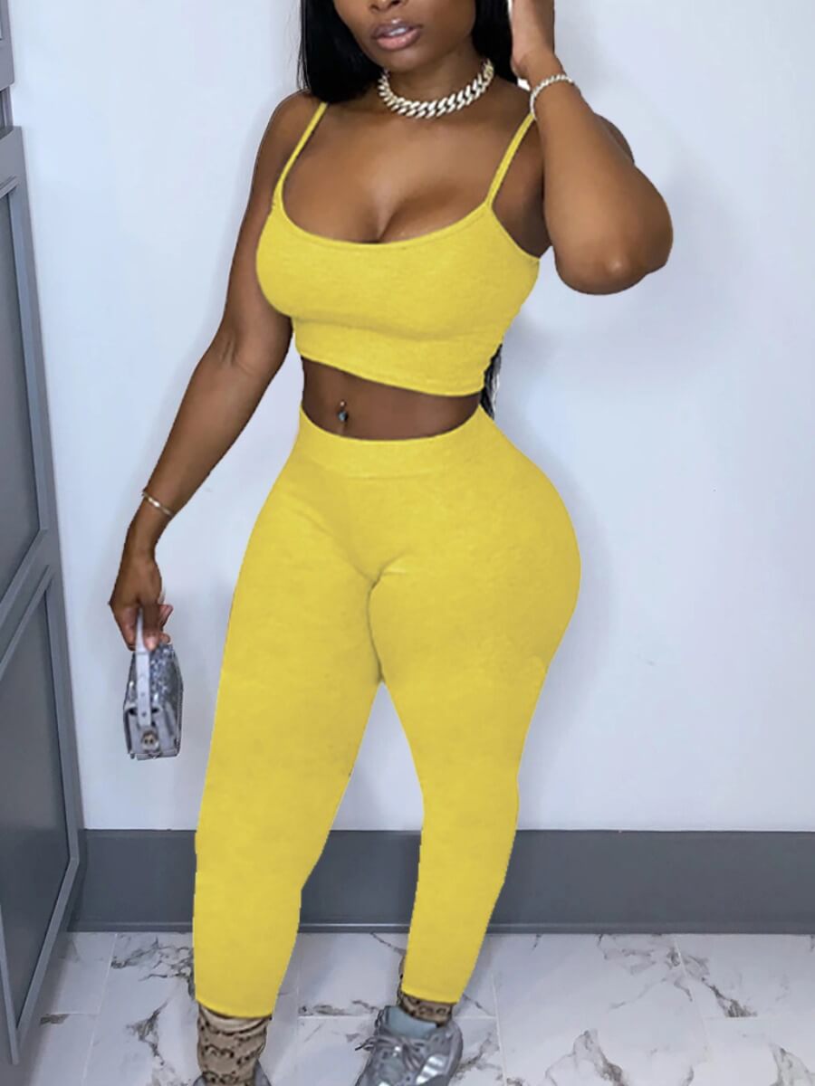 Lovely Casual Spaghetti Strap Sleeveless Yellow Yoga Two Piece Pants SetLW Fashion Online For