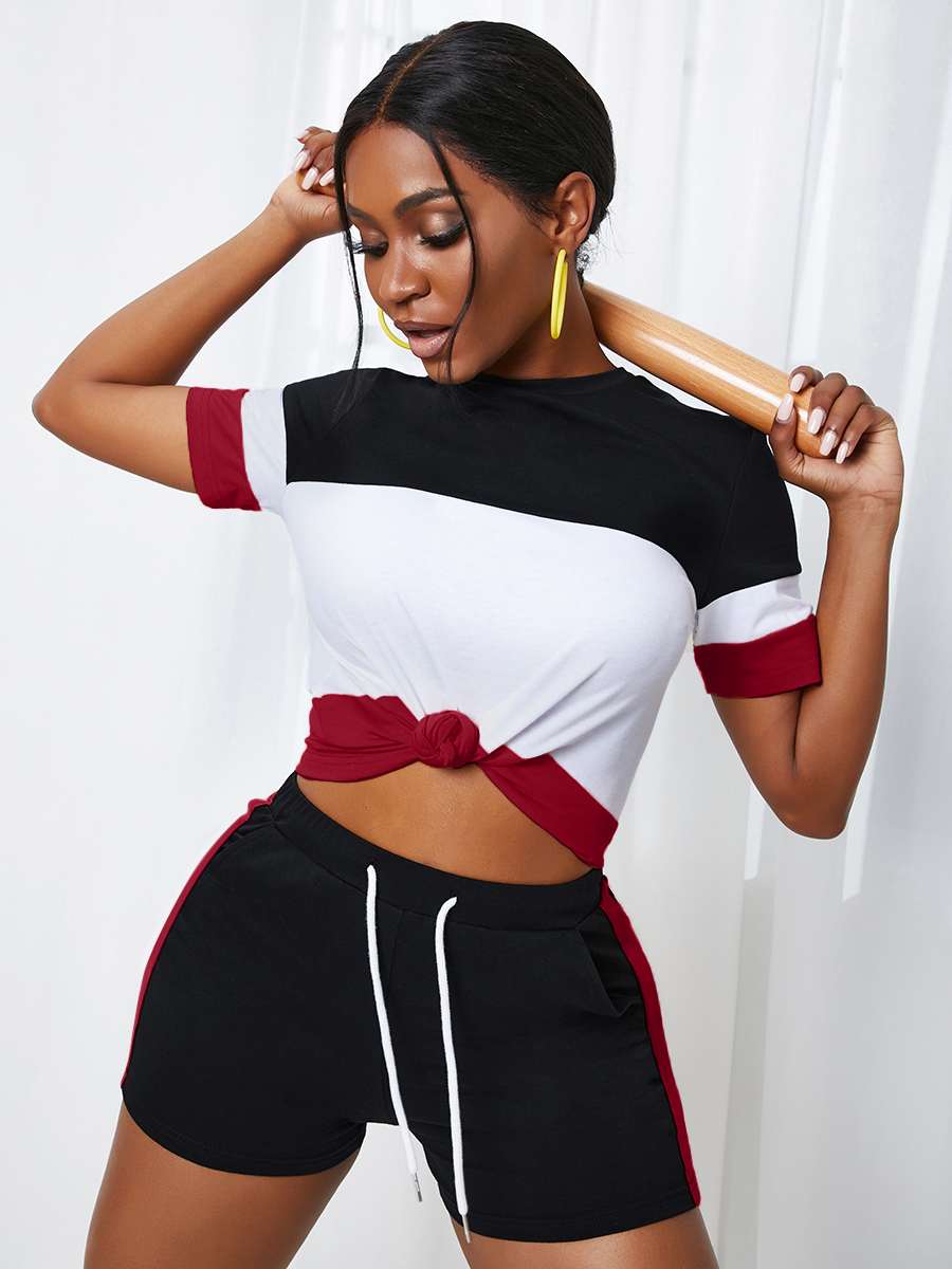 Lovely Cotton Material Series Colorlump Drawstring Two Piece Shorts SetLW Fashion Online For