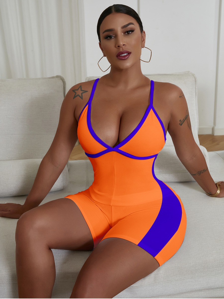 Women's Sporty Backless Striped Orange One-piece Romper